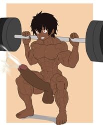 1boy barefoot big_balls big_penis black_hair cum cumshot dark-skinned_male dark_skin erect_nipples erect_penis erection fitness fuckboy gay huge_cock human hyper_penis lostanemone low_hanging_testicles male male_only mlm4anemone muscle muscular nude orange_eyes original_character pecs penis solo solo_focus squatting testicles veiny_muscles weightlifting workout yaoi