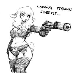 2016 anthro black_and_white boss_lamb_(hladilnik) bra caprine cleavage dialogue elbow_gloves firearm furry garter_belt garter_straps gloves gun handgun hladilnik lamb legwear lingerie panties pubes pubic_hair sheep sketch smirk solo stockings suppressor tail thighhighs uncolored underwear weapon