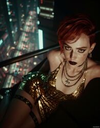 1girls ai_assisted aurore_cassel cd_projekt_red cyberpunk_2077 cyberpunk_2077:_phantom_liberty dark_lipstick female female_only ginger golden_dress indoors looking_at_viewer makeup redhead redhead_female short_hair shtorm2005 tagme