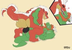 2boys anal anthro balls dragon gay green_body kissing male male/male male_only penis red_body scalie spedumon tongue_kiss yaoi