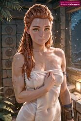 ai_assisted ai_generated aloy bare_shoulders braid breasts cleavage collarbone covered_navel covered_nipples female female_only forehead freckles green_eyes hair_pulled_back horizon_forbidden_west horizon_zero_dawn lantern lips long_hair looking_at_viewer medium_breasts naked_towel night nose orange_hair plant realistic see-through side_braid single_braid smile solo thick_eyebrows toned towel wet wet_towel