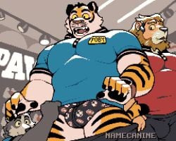 2d_animation animated anthro anthro_on_anthro assisted_exposure balls barazoku beard biceps big_balls big_bulge big_muscles big_penis black_eyes black_nose black_stripes bottomwear bottomwear_down briefs bulge canid canine canis circumcised clipboard clock clothed clothing clothing_store detailed_background digital_media_(artwork) domestic_dog earpiece employee erection erection_under_clothing exhibitionism eyebrows facial_hair felid footwear fur genitals glans grey_body grey_fur group hair holding_object huge_muscles inside kemono lion looking_at_another low-angle_view male male/male mammal mane musclegut muscular muscular_anthro muscular_male nails name_tag namecanine open_mouth open_smile orange_body orange_fur pantherine pants pants_down pantsing partially_clothed pattern_clothing pattern_underwear pecs penis pink_nose pixel_(artwork) pixel_animation red_glans shirt shoes shorts smile standing store striped_body striped_fur stripes surprised teeth terry_(gh0stfood) thick_arms thick_thighs tiger toby_(gh0stfood) tongue topwear trio tuft underwear underwear_down unnamed_character unprofessional_behavior watch whiskers white_balls white_penis yellow_body yellow_fur yellow_sclera