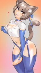 1boy animal_ear_fluff animal_ears blue_garter_straps blue_gloves blue_thighhighs blush brown_hair cat_boy cat_ears covered_nipples cowboy_shot crop_top curvy elbow_gloves english_commentary erection felix_argyle femboy gloves large_penis male_focus navel nelewdy orange_eyes penis re:zero_kara_hajimeru_isekai_seikatsu short_hair solo thick_thighs thighhighs thighs trap