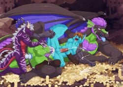 animal_genitalia anthro back_wings balls black_arms black_body black_legs blue_body blue_insides blue_pawpads blue_tongue bodily_fluids canid canine canis chest_tuft coin crome cum cum_in_ass cum_inside cybernetic_arm cybernetic_leg cybernetic_limb dragon european_mythology feral furryratchet genital_fluids genital_slit genitals gold_(metal) gold_coin green_underbelly hair hi_res horn humanoid_genitalia humanoid_penis knot knotted_penis kora_narukami male male/male mammal membrane_(anatomy) membranous_wings metal_arm multicolored_penis mythological_creature mythological_scalie mythology nanashi_(nanashi-derg) pawpads penis pink_stripes purple_body purple_hair red_underbelly scalie stripes tail tongue tongue_out tuft two_tone_penis western_dragon wings wolf
