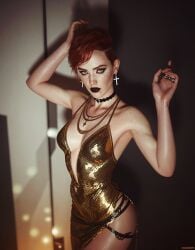 1girls ai_assisted aurore_cassel cd_projekt_red cyberpunk_2077 cyberpunk_2077:_phantom_liberty dark_lipstick female female_only ginger golden_dress indoors looking_at_viewer makeup redhead redhead_female short_hair shtorm2005 tagme