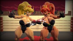 2girls 3d 3d_(artwork) abs abs_visible_through_clothing alternate_version_available big_breasts black_boxing_gloves black_gloves black_lipstick blonde_female blonde_hair blue_eyes bowsette boxing boxing_gloves boxing_ring breasts catfight chocolate_and_vanilla cleavage clenched_teeth dark-skinned_female dark_skin duo earrings female female_focus female_only fight fighting fighting_ring geekboy21 genderswap genderswap_(mtf) horns huge_breasts humanoid kabalmystic_(style) large_breasts leotard light-skinned_female light_skin lips lipstick long-haired_female long_hair looking_at_another mario_(series) muscular muscular_female nintendo outside pointy_ears ponytail red-haired_female red_bowsette red_eyes red_hair red_lipstick rule_63 spiked_collar square_crossover thick thick_thighs thighs voluptuous voluptuous_female wide_hips