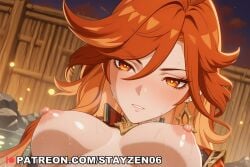 1girl ai ai_art ai_generated blush breasts breasts_apart close-up earrings fence genshin_impact hair_between_eyes heart heart-shaped_pupils heart_in_eye jewelry large_breasts long_hair looking_at_viewer medium_breasts night night_sky nipples onsen orange_eyes orange_hair outdoors parted_lips red_eyes red_hair shiny_skin sky solo symbol-shaped_pupils teeth upper_body water wet wooden_fence