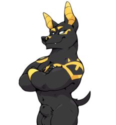 adastra alpha_channel animal_genitalia anthro anubian_jackal balls black_fur canid canine canis crossed_arms fangs fur haps jackal looking_at_viewer male male_only mammal muscular muscular_male navel neferu_(adastra) nude sheath simple_background solo standing transparent_background