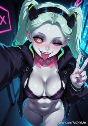 2026 ai_generated anime black_jacket blush bottomless bra breasts cleavage colored_sclera colored_skin crossover cyberpunk:_edgerunners explicit eye_contact female female_focus female_only flushed green_eyes green_hair headgear heart heart-shaped_pupils highres jacket long_hair looking_at_viewer medium_breasts midriff nail_polish navel neck_tattoo nsfw one_eye_closed open_clothes open_jacket patreon purple_bra purple_lips purple_nails pussy reaching_towards_viewer rebecca_(cyberpunk) rebecca_(edgerunners) red_pupils red_sclera rognezart selfie smile smiling solo spread_pussy symbol-shaped_pupils tattoo teeth tongue tongue_out twintails uncensored underwear v very_long_hair white_skin