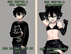 1boy 1femboy ai_generated andrew_graves arm_grab black_gloves black_hair black_skirt cat_ears cute cute_expression cute_eyes cute_face cute_male failed_male femboy green_eyes male male_only meme meme_reference pet ribs skirt the_coffin_of_andy_and_leyley