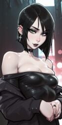 1girls ai_generated bare_shoulders black_hair black_lipstick black_nails black_topwear bob_cut breast_press choker close-up collarbone cross_earrings dark_alley ear_piercing earrings female goth goth_girl green_eyes hands_together jacket long_sleeves looking_at_viewer makeup mascara molamaxuy naughty_face off_shoulder open_clothes original_character outdoors pale_skin ring sexy short_hair small_breasts solo tight_clothing upper_body