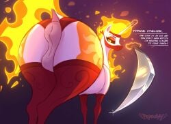 alicorn animal_genitalia animal_vulva ass big_butt blade blonde_mane clothing daybreaker_(mlp) detailed_pussy detailed_vulva dialogue embers english_text equid equine equine_genitalia equine_vulva female feral fire first_person_view flaming_hair flaming_mane flaming_tail friendship_is_magic fukumen genitals glowing glowing_eyes hasbro hi_res hoofed_mammal horn horse huge_butt legwear looking_at_viewer looking_back magic mammal mane mask melee_weapon my_little_pony mythological_creature mythological_equine mythology orange_mane patterned_legwear pegasusyay polearm pony pov_viewer presenting presenting_vulva princess_celestia_(mlp) pseudo_hair pseudo_mane pupils rear_view red_clothing red_eyes red_legwear red_mask red_underwear scythe sickle slit_pupils solo speech_bubble spread_vulva spreading stockings sword tail teasing telekinesis text thick_thighs thigh_highs thong threatening underwear vulva weapon wide_hips wings yellow_eyes zoophilia