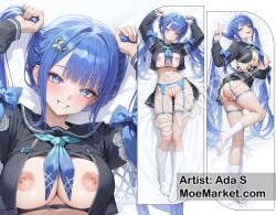 1girls arcana_(fortune_mate)_(nikke) arcana_(nikke) black_skirt blue_eyes blue_hair breasts breasts_out crop_top dakimakura dakimakura_design goddess_of_victory:_nikke hair_ornament long_hair looking_at_viewer moemarket nikke skirt_lift