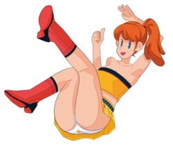 armpits arms_behind_head ass blue_eyes brickshoes brown_hair female female_only high_heels legs legs_up namco namco_heroine pac-man pac-man_eyes panties skirt thumbs_up upskirt video_games white_panties yellow_skirt yellow_top