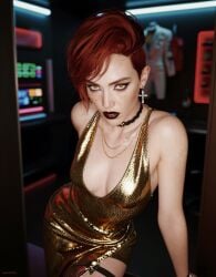 1girls ai_assisted aurore_cassel cd_projekt_red cyberpunk_2077 cyberpunk_2077:_phantom_liberty dark_lipstick female female_only ginger golden_dress indoors looking_at_viewer makeup redhead redhead_female short_hair shtorm2005 tagme