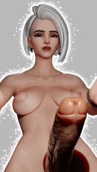 1futa 3d 3d_(artwork) ashe_(overwatch) big_breasts big_penis bob_cut erect_penis erection futa_only futanari highres huge_cock light-skinned_futa light_skin makeup medium_breasts nude nude_futa nyl_ashe overwatch overwatch_2 red_eyes red_lipstick simple_background white_background white_hair zaku3d