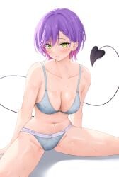 absurdres alternate_costume alternate_hair_length alternate_hairstyle arm_support blush bra breasts cleavage commentary demon_girl demon_tail female green_eyes grey_bra grey_panties highres hololive large_breasts looking_at_viewer multicolored_hair navel navel_piercing panties piercing pink_hair purple_hair shinigami_kiraki short_hair simple_background sitting solo sports_panties stomach streaked_hair sweat tail tail_ornament tail_piercing thighs tokoyami_towa underwear underwear_only untranslatable_commentary virtual_youtuber white_background
