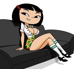 aged_up asian asian_female ass_peek black_hair blank_background breasts cleavage couch crossed_legs hair_ornament kitty_ko large_breasts long_socks looking_to_the_side mary_janes miniskirt multicolored_skirt necktie open_clothes open_shirt short_hair sidekick_(series) simple_background sitting smile sofa thick_thighs tie wallyroo1997 white_shirt