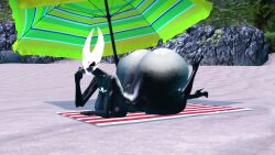 ass_cheeks beach beach_towel beach_umbrella big_ass big_booty big_butt booty_cheeks bubble_ass bubble_booty bubble_butt butt_cheeks hollow_knight hornet_(hollow_knight) kaibernation sunglasses sunscreen sunscreen_on_back sunscreen_on_butt