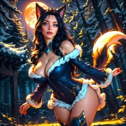 0assult0 1woman accessory ahri ahri_(league_of_legends) ai_generated amulet bare_shoulders black_hair blue_eyes corset curvaceous divine_beauty fantasy female_only forest fox_ears fox_tail furry grass hot jewelry kitsune large_breasts league_of_legends league_of_legends:_wild_rift leggings lovely moonlight night off_shoulder pine_tree plant posing semi_realistic sexy snowy solo_focus thick_thighs upper_body video_game_character video_game_franchise video_games winter wood