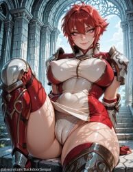 ai_generated armor ass backdoorsenpai big_ass breasts cameltoe covered_nipples curvy egao female female_only hair_between_eyes hinoka_(fire_emblem) knee_up large_breasts leg_armor light_smile perky_breasts red_eyes red_hair red_short_dress short_hair shoulder_armor thick_thighs thighs white_panties white_short_dress wide_hips