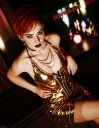 1girls ai_assisted aurore_cassel cd_projekt_red cyberpunk_2077 cyberpunk_2077:_phantom_liberty dark_lipstick female female_only ginger golden_dress indoors looking_at_viewer makeup redhead redhead_female short_hair shtorm2005 tagme
