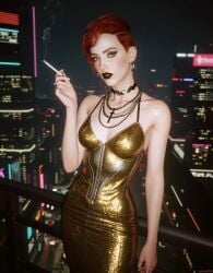 1girls ai_assisted aurore_cassel cd_projekt_red cyberpunk_2077 cyberpunk_2077:_phantom_liberty dark_lipstick female female_only ginger golden_dress looking_at_viewer makeup redhead redhead_female short_hair shtorm2005 smoking tagme