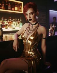 1girls ai_assisted aurore_cassel cd_projekt_red cyberpunk_2077 cyberpunk_2077:_phantom_liberty dark_lipstick female female_only ginger golden_dress indoors looking_at_viewer makeup redhead redhead_female short_hair shtorm2005 tagme