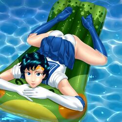 1girls ami_mizuno ass bishoujo_senshi_sailor_moon blue_eyes blue_hair boots clothing elbow_gloves female female_only floatie gloves grillo high_heel_boots inflatable_raft knee_boots laying_on_stomach looking_at_viewer panties pantyshot pool sailor_mercury skirt solo tiara