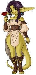 fairytale femboy flower flower_in_hand goblin goblin_femboy humanoid loincloth long_ears non-human ork_the_goblin pointy_ears pointy_nose purple_hair red_eyes rose scars scars_on_hand sealixir smile sweet sweet_smile tail the_thornless_roses_of_ork thick thick_thighs valy_gc yellow_skin