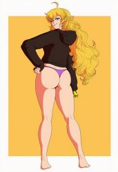 ahoge ai_generated ass bare_legs barefoot black_hoodie blonde_hair butt clothing female from_behind full_body g-string hand_on_own_hip hood hood_down hoodie kneepits long_hair looking_at_viewer looking_back mechanical_arms no_pants panties pantsu prosthesis prosthetic_arm purple_eyes purple_panties rwby simple_background single_mechanical_arm smile solo standing tagme thighs thong underwear wavy_hair white_border yang_xiao_long yellow_background