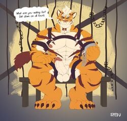 1boy abs anthro balls english_text handcuffs harness male male_only nipples penis solo spedumon text tiger