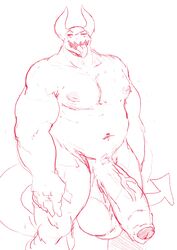 absurd_res balls big_balls big_penis demon flaccid hi_res humanoid_penis looking_at_viewer male male_only monochrome muscular muscular_male nude open_mouth penis serex sketch solo standing tongue tongue_out uncut vein