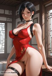 ada_wong ai_generated artist_name bare_shoulders black_choker black_hair bra breasts brown_eyes china_dress chinese_clothes choker cleavage covered_navel covered_nipples dress female female_pubic_hair indoors large_breasts looking_at_viewer no_panties patreon_username pubic_hair pussy red_dress resident_evil resident_evil_4 short_hair side_slit sleeveless_dress smile solo thigh_strap thighs xadrid