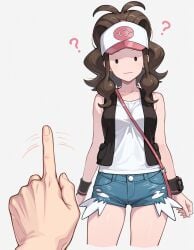 1boy 1girls 1pokemon ai_generated ditto ditto_(pokemon) hilda_(pokemon) identity_theft male_pov pokemon pokemon_(species) pov shapeshifter shapeshifting simple_background tagme white_background