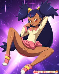 1girls bottomless breasts brown_eyes clothed dark-skinned_female dark_skin dress exposed_pussy feet female female_only finger_in_mouth fully_clothed gym_leader human innie_pussy iris_(pokemon) iris_(pokemon_bw) long_hair looking_at_viewer nintendo no_panties pokemon pokemon_bw purple_hair reit shoes small_breasts smiling sneakers spread_legs text url watermark