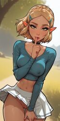 1girls ai_generated blonde_hair blush choker collarbone covered_nipples covering_crotch crop_top crown_braid elf female field finger_on_lip flashing_pussy green_eyes hairclip index_finger_raised lifted_skirt long_sleeves looking_at_viewer medium_breasts midriff molamaxuy navel nintendo no_panties outdoors parted_lips perfect_body pleated_skirt pointy_ears provocative pulling_clothing pussy pussy_juice sexy short_hair shush sidelocks skirt solo teasing the_legend_of_zelda thigh_gap tight_clothing upskirt wind wind_lift zelda_(breath_of_the_wild)