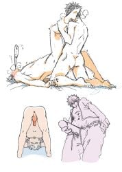 anal anal_sex anus bent_over blush completely_nude erection gay gintama gintoki_sakata guunaru0510 head_back hijikata_toshiro leg_grab male male_only masturbation missionary_position multiple_scenes nude on_back penis sheet_grab sketch_page sweat yaoi