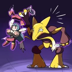 alakazam animate_inanimate blue_hair chabble clothing clothing_pull doll doll_transformation floating inanimate_transformation large_breasts levitation pokemon psychic psychic_powers red_eyes sabrina_(pokemon) spoon stripping toy transformation