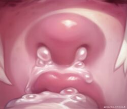 anthro close-up cum cum_bubble cum_from_nose cum_in_mouth cum_in_nose cum_inside cum_on_penis cyancapsule domestic_pig duo emelie_(cyancapsule) eyelashes fellatio female hair lips male mammal oral original original_character penis pink_skin pink_theme sex solo_focus straight suid suina sus_(pig) unseen_male_face vein