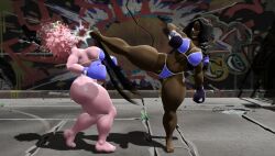 2girls 3d 3d_(artwork) barefoot big_breasts bikini bikini_bottom bikini_top black_hair blue_bikini blue_boxing_gloves blue_gloves boxing boxing_gloves braided_ponytail breasts catfight crossover dark-skinned_female dark_skin dark_violet_boxing_gloves dark_violet_gloves duo female_focus female_only fight fighting geekboy21 gloves horns jaw_kick kabalmystic_(style) kick kickboxing long_hair mina_ashido my_hero_academia original original_character pink-haired_female pink_hair pink_skin ponytail purple_eyes rosa_marchi ryona short_hair thick thick_thighs thighs wide_hips