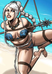 1girls 2d annoyed baldur's_gate baldur's_gate_3 bangs bdsm bondage braid braided_hair captured captured_heroine elf_female fanart feet female female_only green_eyes outdoors pinup restrained scar shadowheart slave_raid theroguemage toes white_hair