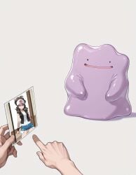 1boy 1girls 1pokemon ai_generated ditto ditto_(pokemon) hilda_(pokemon) identity_theft male_pov pokemon pokemon_(species) pov shapeshifter shapeshifting simple_background tagme white_background