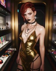 1girls ai_assisted aurore_cassel cd_projekt_red cyberpunk_2077 cyberpunk_2077:_phantom_liberty dark_lipstick female female_only ginger golden_dress indoors looking_at_viewer makeup redhead redhead_female short_hair shtorm2005 tagme