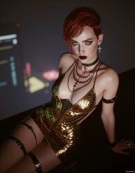 1girls ai_assisted aurore_cassel cd_projekt_red cyberpunk_2077 cyberpunk_2077:_phantom_liberty dark_lipstick female female_only ginger golden_dress indoors looking_at_viewer makeup redhead redhead_female short_hair shtorm2005 tagme