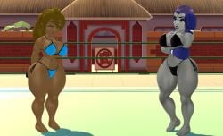 2girls 3d 3d_(artwork) barefoot bikini bikini_bottom bikini_top blue_boxing_gloves blue_gloves boxing boxing_gloves boxing_ring brown_hair catfight crossover dark-skinned_female dark_skin dc_comics female_focus female_only fight fighting fighting_ring geekboy21 imminent_catfight imminent_fight indigo_boxing_gloves indigo_gloves kabalmystic_(style) kim_(geekboy21) long_hair original original_character outdoors purple_hair raven_(dc) short_hair teen_titans thick thick_thighs thighs wide_hips