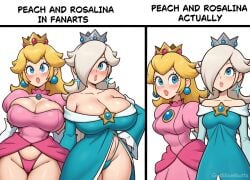 2girls ai_generated big_breasts bursting_breasts curvy curvy_figure mario_(series) me princess_peach princess_rosalina showgirl_skirt sisters super_mario_galaxy tag