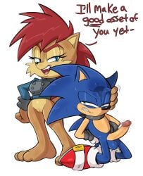 blue_body blue_eyes blue_fur brown_body brown_fur chipmunk duo english_text eulipotyphlan eyelashes feet female fur genitals green_eyes ground_squirrel guillion hair hedgehog hi_res innie_vulva male male/female mammal penis princess_alicia_acorn red_hair rodent sciurid sega sonic_the_hedgehog sonic_the_hedgehog_(archie) sonic_the_hedgehog_(comics) sonic_the_hedgehog_(series) text vulva