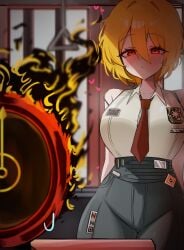 1girls 1other absurdres badge blush breasts button_badge clock collared_shirt commentary_request dante_(limbus_company) don_quixote_(limbus_company) don_quixote_(project_moon) female fire heart highres korean_commentary large_breasts limbus_company looking_at_viewer necktie object_head ohing pants project_moon red_eyes red_necktie sancho_(limbus_company) shirt short_hair thighs white_shirt