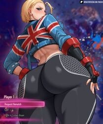 1girls absurdres ass back big_ass black_gloves black_pants black_sports_bra blonde_hair blue_eyes blue_jacket breasts cammy_white cammy_white_(street_fighter_6) cropped_jacket fake_(artist) female female_only fingerless_gloves gloves highres jacket looking_at_viewer looking_back midriff pants short_hair short_sleeves solo sports_bra street_fighter street_fighter_6 thighs tight_clothes tight_clothing tight_pants